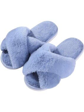 Women's Blue Fuzzy Cross Band Memory Foam House Open Toe Soft Slipper Shoes